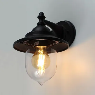 A black outdoor wall lantern with a clear glass shade is mounted on a light gray wall.