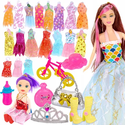 Produktbild von Puppenset mit Kleidung und Zubehör – große und kleine Puppe – Outfit-Set mit Accessoires