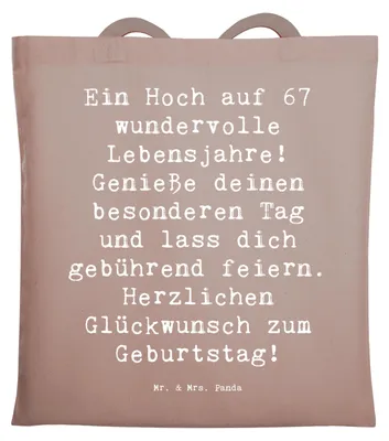 Produktbild von Mr. & Mrs. Panda Shopping Tasche Spruch 67. Geburtstag - Braun Pastell - Geschenk, Uni, Happy Birthday, Herz, Alter, Einkaufstasche, Tote Bag, Einkaufstüte, Geschichten