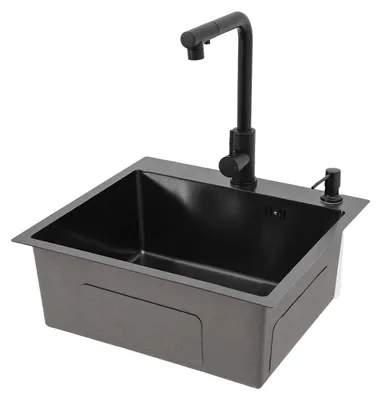 Immagine prodotto di Lavello da cucina - Vasca singola - Rettangolare - 50x45 cm - Rubinetto estraibile - Set di scarico con valvola a cestello - Acciaio inossidabile - Nero