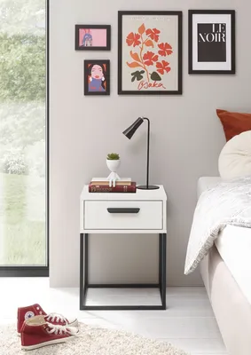Produktbild von SUNA Nachttisch in Weiß - Moderner Nachtschrank mit Schublade und schwarzem Metallgestell - 40 x 52 x 38,5 cm (B/H/T)