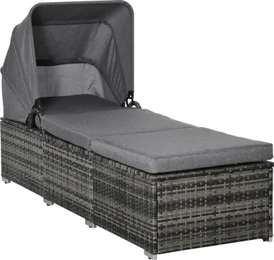 Produktbild von Sonnenliege Aus Polyrattan Mit Sonnendach Verstellbare Gartenliege, Rattanliege Mit Kissen, Grau, 195X65X40Cm