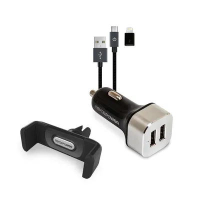 Produktbild von RealPower KFZ-Ladegerät Set + Kabel + Halterung Smartphone