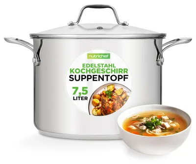 Produktbild von NutriChef Kochtopf groß, 8L Suppentopf Induktion aus Edelstahl mit Glasdeckel, 1