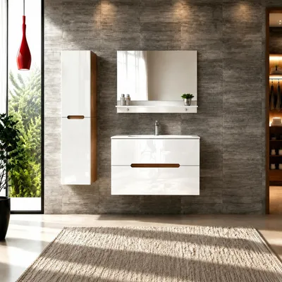 Produktbild von Faizee Home Badmöbelset Aliyah 90 cm Hochglanz Weiß Sonoma inkl. Waschbecken, Spiegel & Regal, KI-generiertes Bild