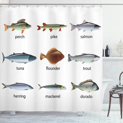 Produktbild von ABAKUHAUS Fisch Duschvorhang, Aquatische Tiersammlung, Waserdichter Stoff mit 12 Haken Set Dekorativer Farbfest Bakterie Resistet, 175 x 180 cm, Multicolor