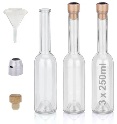 Produktbild von Flaschen Set 3 x 250ml hochwertige Glasflaschen leer mit Korken, Schrumpfkapseln & 1 Trichter für Gin Whisky Schnaps Likör Essig Öl günstige Flaschen Schnapsflaschen