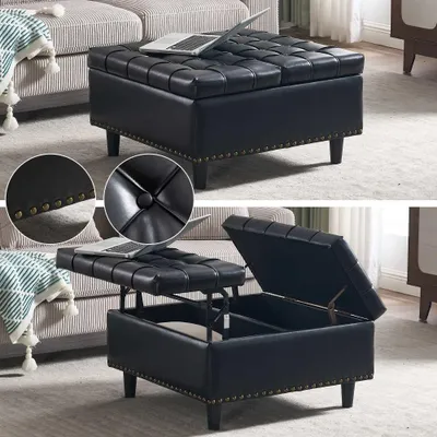 Produktbild von AIORBER Sitzhocker mit Stauraum 75x75cm quadratische Sitztruhe gepolstert Ottomane Kunstleder Aufbewahrungsbox Multifunktions-Bank Wohnzimmer Schlafzimmer Schwarz PU