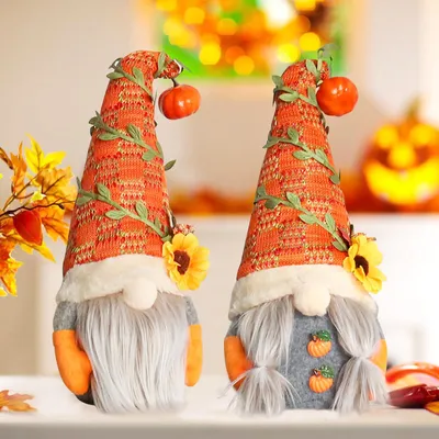Wichtelfiguren Herbstdekoration 2 Stück, Plüsch mit Kürbis