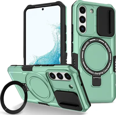 Produktbild von Handyhülle für Samsung Galaxy S22 5G Kompatibel mit MagSafe, Robuste Hülle mit Schiebe Kamera Schutz, Magnetischer Ringständer Grün