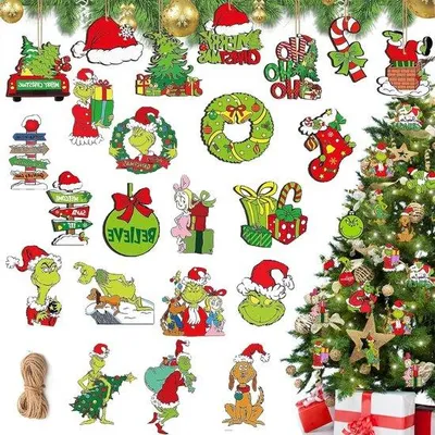 Produktbild von Famanu Weihnachtsbaumdeko Set mit 24 Holzornamenten - Grinch Design, Weihnachtsmützen, Festliche Hänger