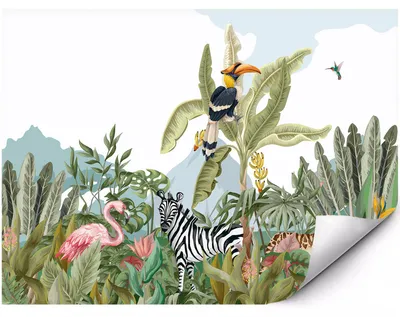 Produktbild von Fototapete Für Die Wand Zebra und Flamingo im tropischen Dschungel für Wohnzimmer Schlafzimmer Büro 400x280 cm