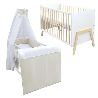 Produktbild von Babybett Kinderbett Gitterbett Juna 60x120 Weiß Schutzgitter Matratze Bettwäsche Set 10tlg Musselin Beige