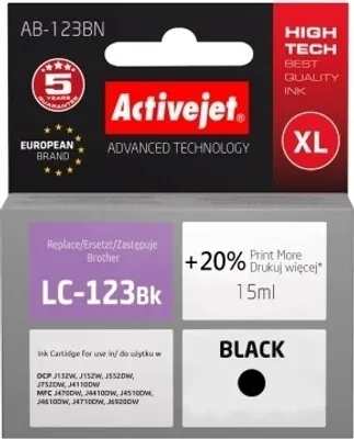 Zdjęcie produktu dla Activejet Tusz zamiennik do drukarki Brother LC123BK/121BK AB-123BN Supreme czarny 15 ml