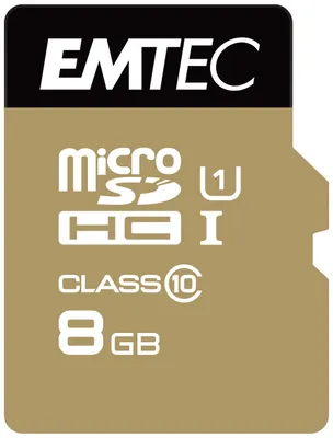 Produktbild von Emtec ECMSDM8GHC10GP, 8 GB, MicroSDHC, Klasse 10, 85 MB/s, 16 MB/s, Schwarz, Gold
