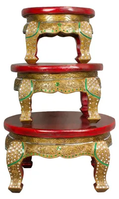 Produktbild von Opiumtisch Rund Spiegelsteine Beistelltisch Nachttisch Couchtisch Holztisch Thailand Rot 40cm Ø