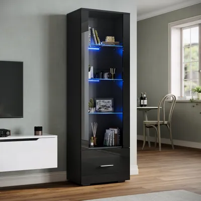 Produktbild von SONNI Schwarz hochglanz Vitrinenschrank mit LED beleuchtung und Schublade 55x35x172cm Glasvitrine Vitrinen