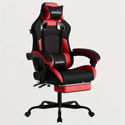 Image de Fauteuil de gaming ergonomique avec repose-pieds et revêtement en similicuir, supportant jusqu'à 150 kg