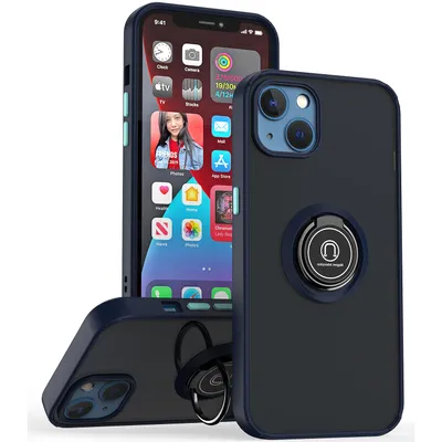 Obrázek produktu pro Pouzdro pro iPhone 13 matné průsvitné TPU pouzdro s prstencovým držákem a stojánkem Tmavě modrá