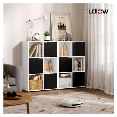 Produktbild von Bücherregal Bücherschrank Standregal Aufbewahrungsregal Raumteiler Büroregal Aktenschrank mit 3 Türen und 6 Fächern, 59,6x91x29 cm, Weiß+Schwarz