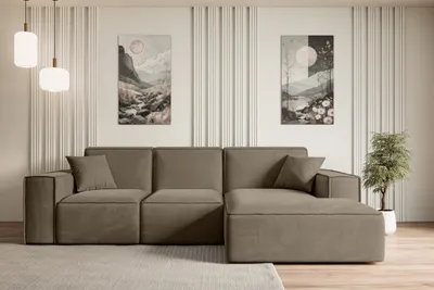 A modern living room with a sectional sofa, artwork, and a plant.