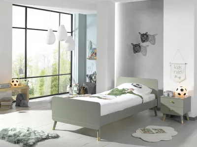 Produktbild von BILLY Set best. aus: Einzelbett 90 x 200 cm, mit Lattenrost und Nachtkonsole mit 2 Schubladen, Ausführung lackiert Olive Grün