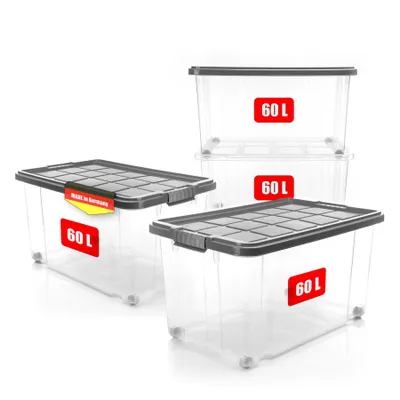 Produktbild von BigDean 4 Stück 60 L Aufbewahrungsbox mit Deckel groß stahlgrau - stapelbare robuste Box - rollbare Stapelbox mit festen Klickverschlüssen