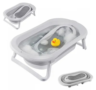 Produktbild von Relaxdays Babybadewanne faltbar, mit Einsatz, Babywanne, bis 50 kg, HBT: 21,5x79x49 cm, Badewanne, weiß/grau