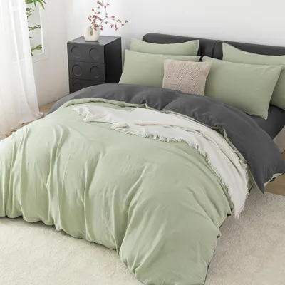 Productafbeelding van Bettenset, 135x200 cm, groen-grijs, 2-delig, 100% katoen, mousseline, met rits