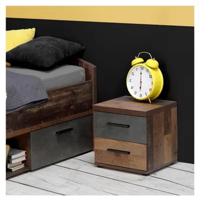 Produktbild von Winnie Nachttisch 30 40, kleiner Nachttisch mit 2 Schubladen, rustikaler Nachtschrank aus Holzwerkstoff, Old-Wood Vintage Holzdekor/Betonoptik Dunkelgrau, 37,7 cm breit x 38,6 cm hoch x 34,8 cm tief