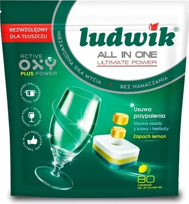 A package of dishwasher tablets with a depiction of a clean glass and the product.
