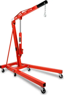 A red hydraulic engine crane is shown against a white background.