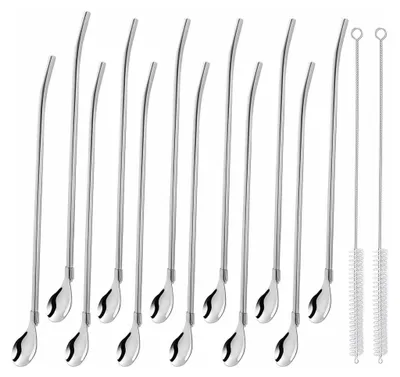 Produktbild von 12 Stück Edelstahl Löffelstrohhalme Set Lang & Wiederverwendbar Trinkhalmlöffel mit Reinigungsbürsten für Smoothies, Milchshakes,