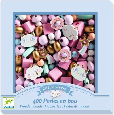 A box of wooden beads for crafting, featuring various shapes and colors, with a playful design.