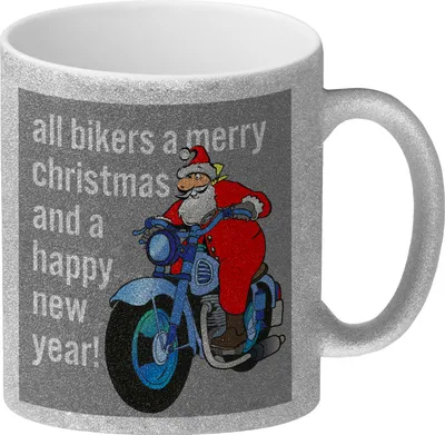 Produktbild von Weihnachten Biker Glitzer-Kaffeebecher mit Weihnachtsmann auf Motorrad in grau
