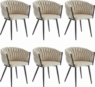 Produktbild von ARONA beige Samt gepolsterter Stuhl mit Armlehnen, Metallbeine schwarz, Maße 61x79x55 cm, für Wohnzimmer, Esszimmer, 6 Stück