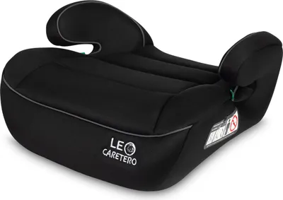 A black child car seat booster cushion is shown from a slightly elevated side angle against a white background.