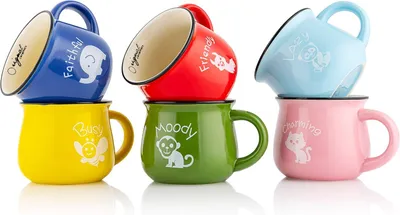 Produktbild von 6-teiliges Tassenset | 350 ml | Handgefertigte Keramiktassen | mit Tiermotiven | Familientassen & Kindertassen | für Kaffee und Tee | Buntes Retro Design