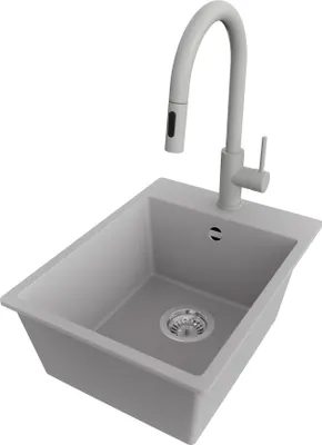 Produktbild von PRIMAGRAN Granitspüle Grau 38x50cm, Spülbecken 1 Becken + Küchenarmatur 40x20cm + Ablauf-Set, Küchenspüle ab 40er Unterschrank - Riga