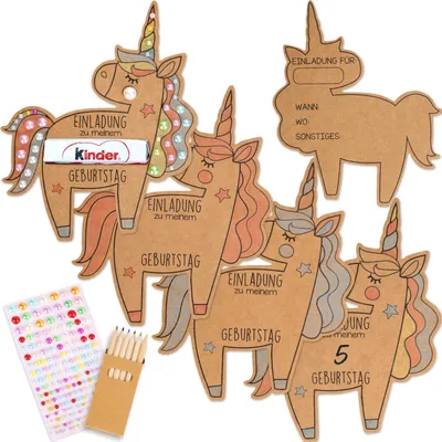 Immagine prodotto di Inviti per festa di compleanno a tema unicorno, kit per realizzare da soli, 15 pezzi, carta kraft con matite colorate