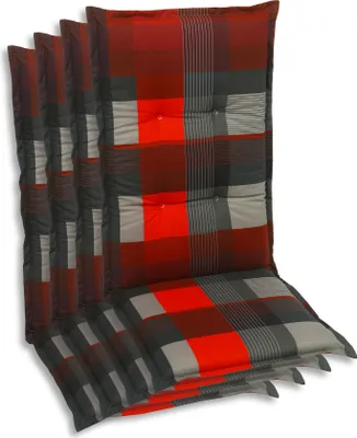 A set of four chair cushions with a plaid pattern.