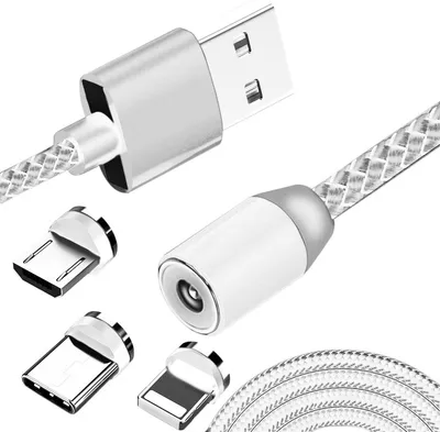 Image de Câble de recharge magnétique 3 en 1 Micro USB / Lightning / USB-C, pivotant à 360°, avec LED, 1 mètre, pour Samsung, iPhone, Huawei, Xiaomi, couleur argent, Retoo