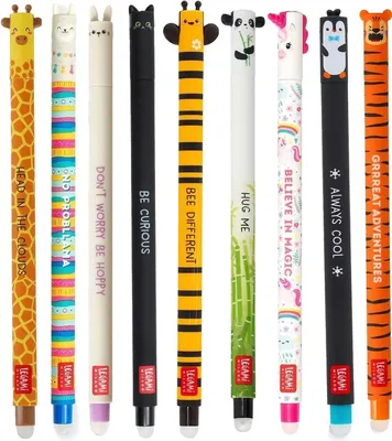 Produktbild von LEGAMI radierbare Gelschreiber Gelstifte mit Tiermotiven, verschiedene Schreibfarben 9er Set Giraffe, Lama, Bunny, Kitty, Biene, Panda, Einhorn, Pinguin und Tiger