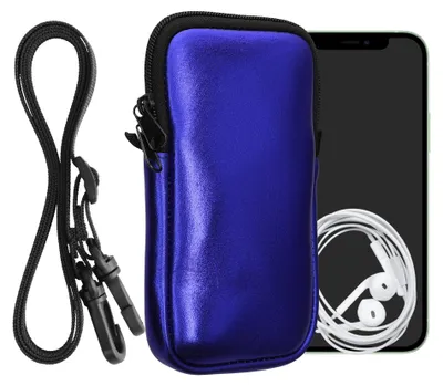 Produktbild von kwmobile Handytasche für Smartphones XL - 6,7/6,8" - Neopren Handy Hülle Metallic Dunkelblau mit Kordel - Handy Tasche mit Handykette 17,2 x 8,4 cm