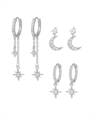 Produktbild von KONFEN 3 Paar Ohrringe Ohrstecker Hänger Creolen Set Damen, Mond Achtzackiger St