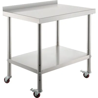 Produktbild von Arbeitstisch Edelstahl, Edelstahltisch mit Höhenverstellbarer Ablage, Küchentisch mit 4 Universalräder und Aufkantung 91, 4 x 61 x 89 cm