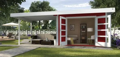 Produktbild von Gartenhaus weka Designhaus 126 B Gr.2 mit Fußboden und seitlicher Überdachung 645 x 315 cm schwedischrot