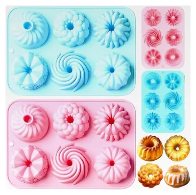 Produktbild von 2 Stück Mini Silikon Gugelhupfform, 6 Mulden Kuchenform, Wiederverwendbare Backform für kleine Savarins, Antihaftbeschichtete Backformen für Kekse, Bagels, Muffins