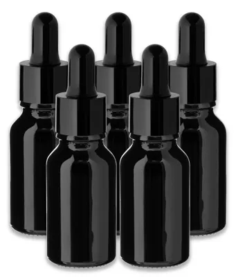 Produktbild von 5x Schwarze Glasflasche 15 ml mit schwarzer Pipette – Tropfflasche