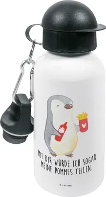 Produktbild von Mr. & Mrs. Panda Trinkflasche Pinguin Pommes - Weiß - Geschenk, für Frauen, Freundin, Mitbringsel, Kinderflasche, Männer, Kindergarten, Kinder, Valentinstag, outdoor